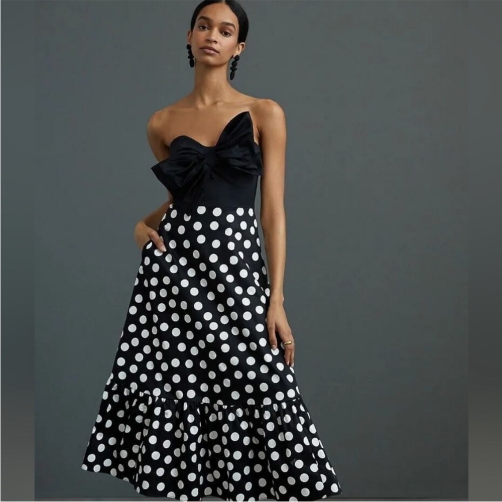 Anthropologie Black & White Polka Dot Strapless Midi Dress
